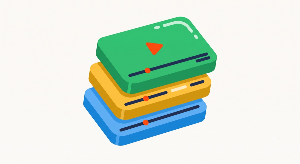 A flat-icon illustration of a film clapperboard fanning out into several small labeled cards, each a different corporate video type, in saturated orange, blue, gold and green on a cream background.