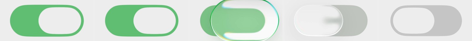 Five frames of the iOS 26 switch turning off: green track, knob turning into a glass lens mid-travel, then a grey track with a white knob