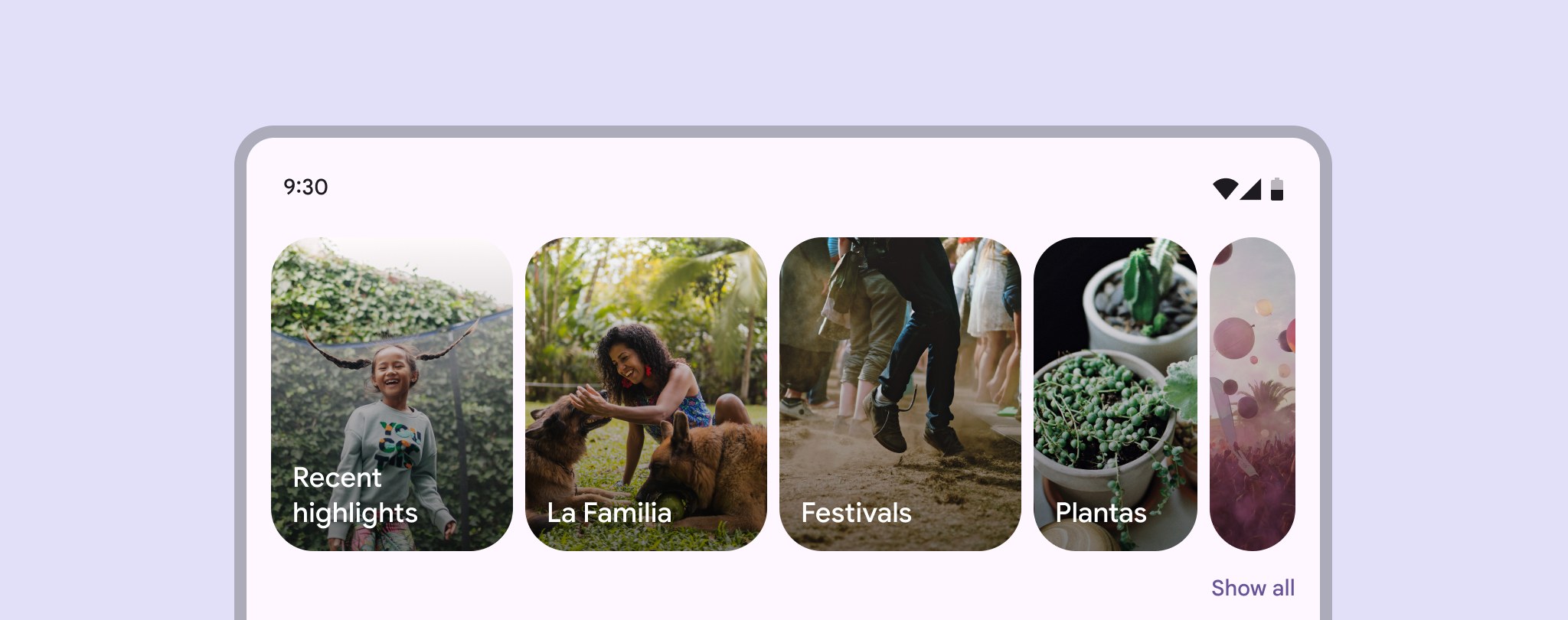 A Material 3 multi-browse carousel on a device screen: three large photo cards, a medium card and a narrow masked sliver at the edge