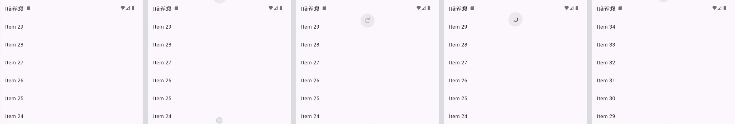 Five frames of an Android list being pulled to refresh: indicator appears, shows a refresh arrow, spins, then new items up to Item 35 appear at the top