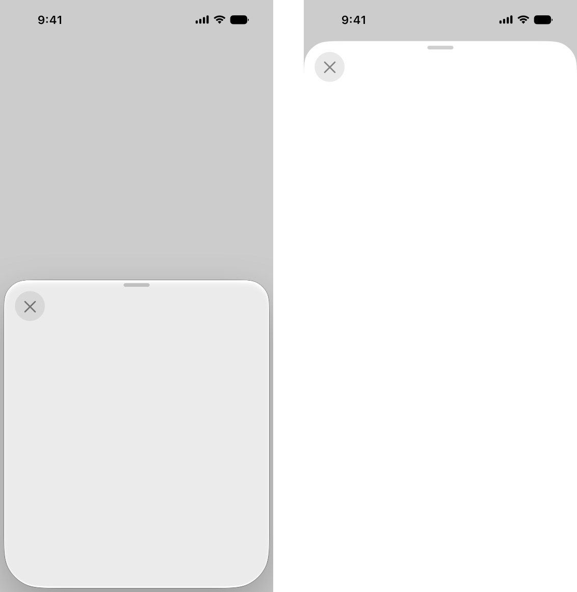 Two iPhone diagrams from Apple: a sheet resting at the medium detent covering the lower half of the screen, and the same sheet at the large detent covering almost all of it
