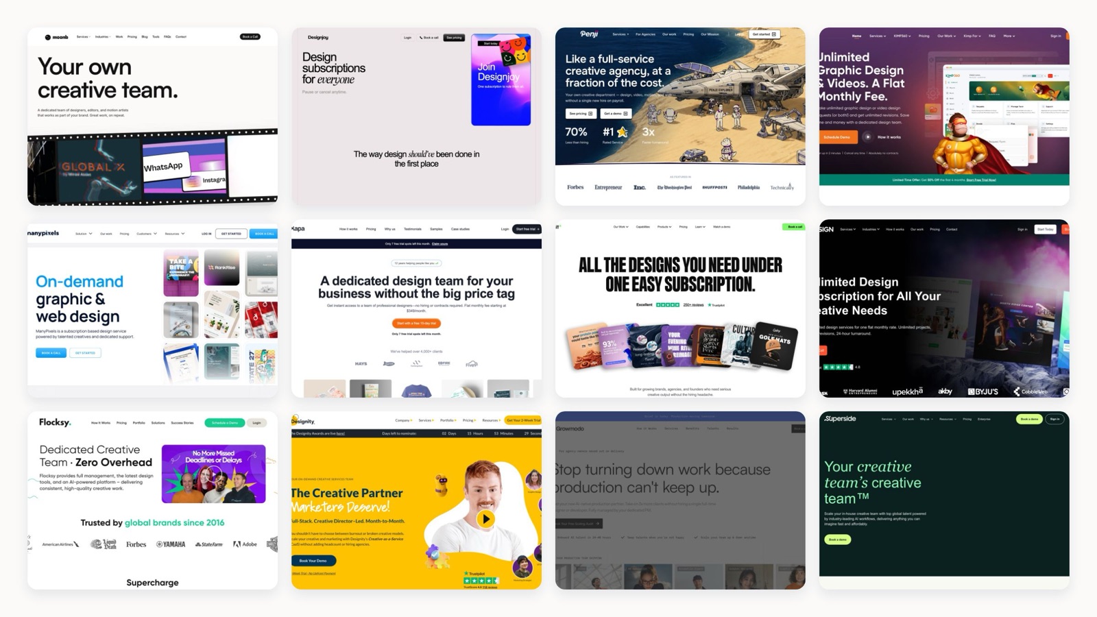 Collage of twelve unlimited graphic design service homepages