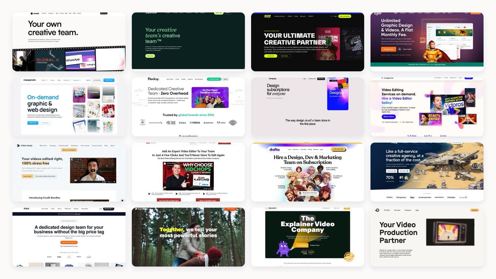 Collage of 19 video design service homepages including Moonb, Superside, Design Pickle, Wyzowl and Demo Duck