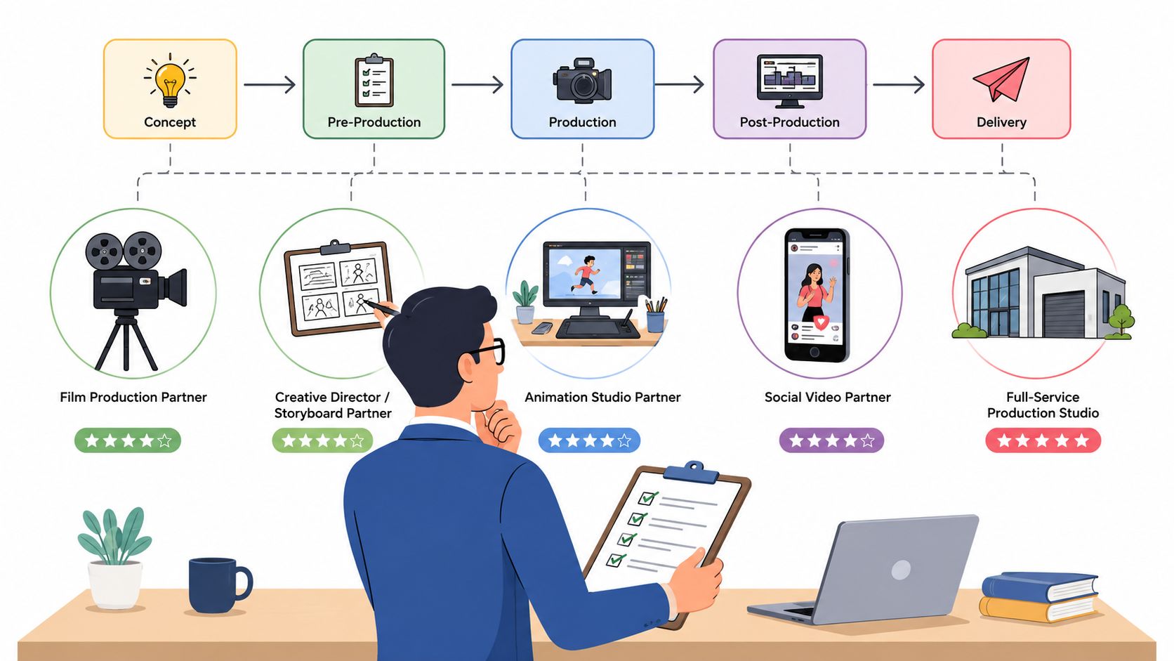An illustration of a marketer with a checklist comparing five types of video production partners