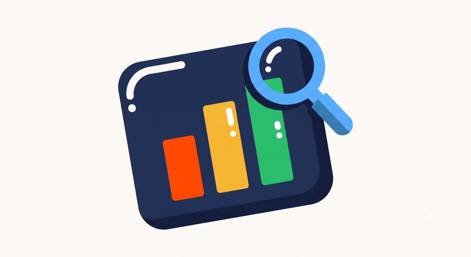 Flat illustration of an analytics dashboard with a magnifying glass