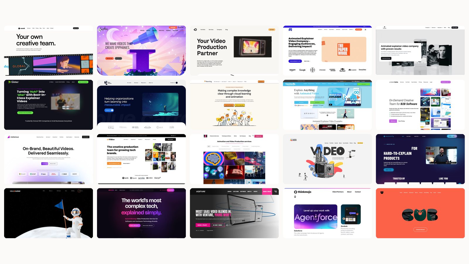Collage of homepage screenshots from the 20 video animation services compared in this guide