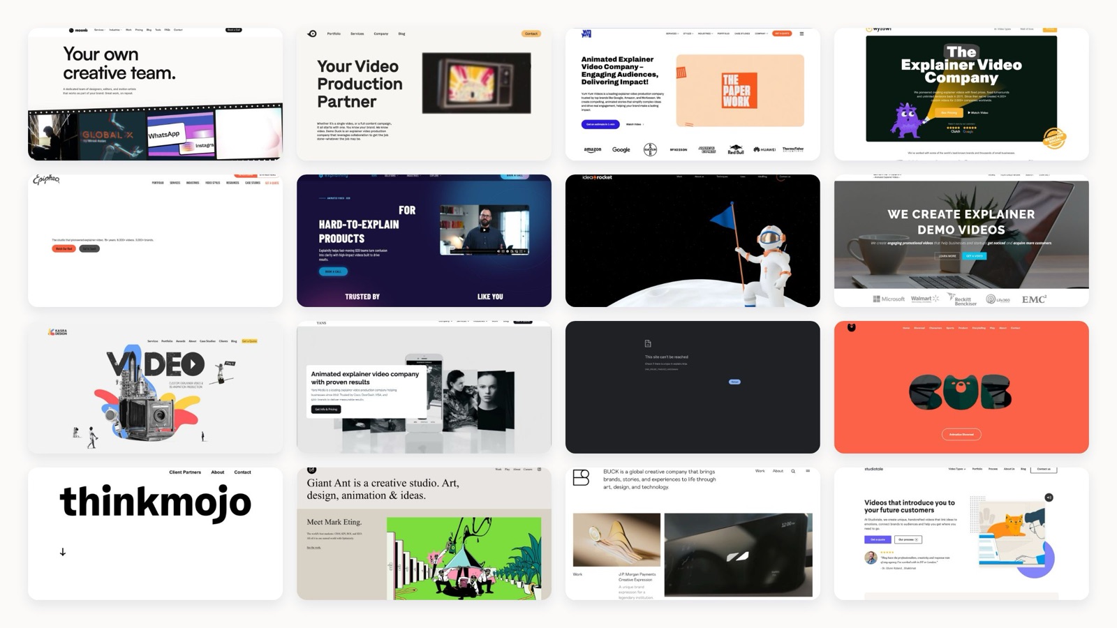 Collage of homepage screenshots from 20 video animation service providers