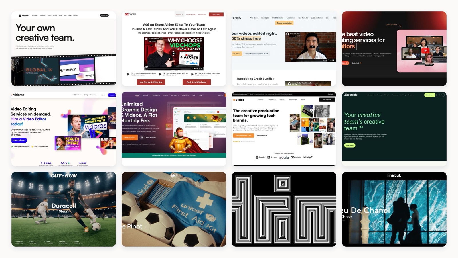 Collage of leading video editing company homepages