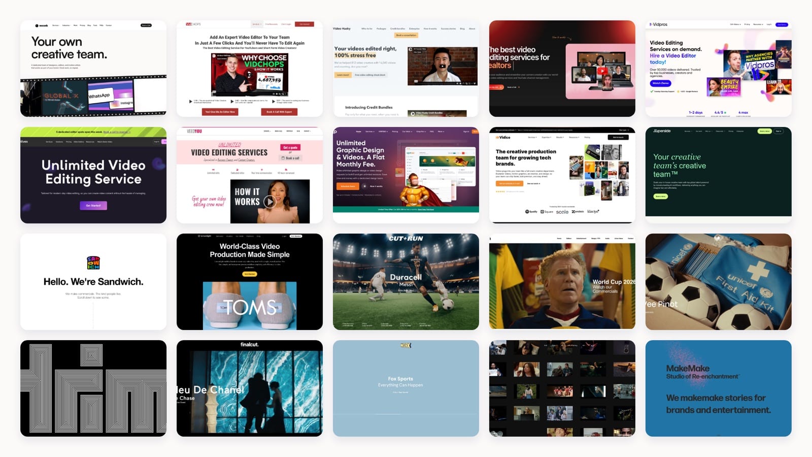 Collage of leading video editing company homepages
