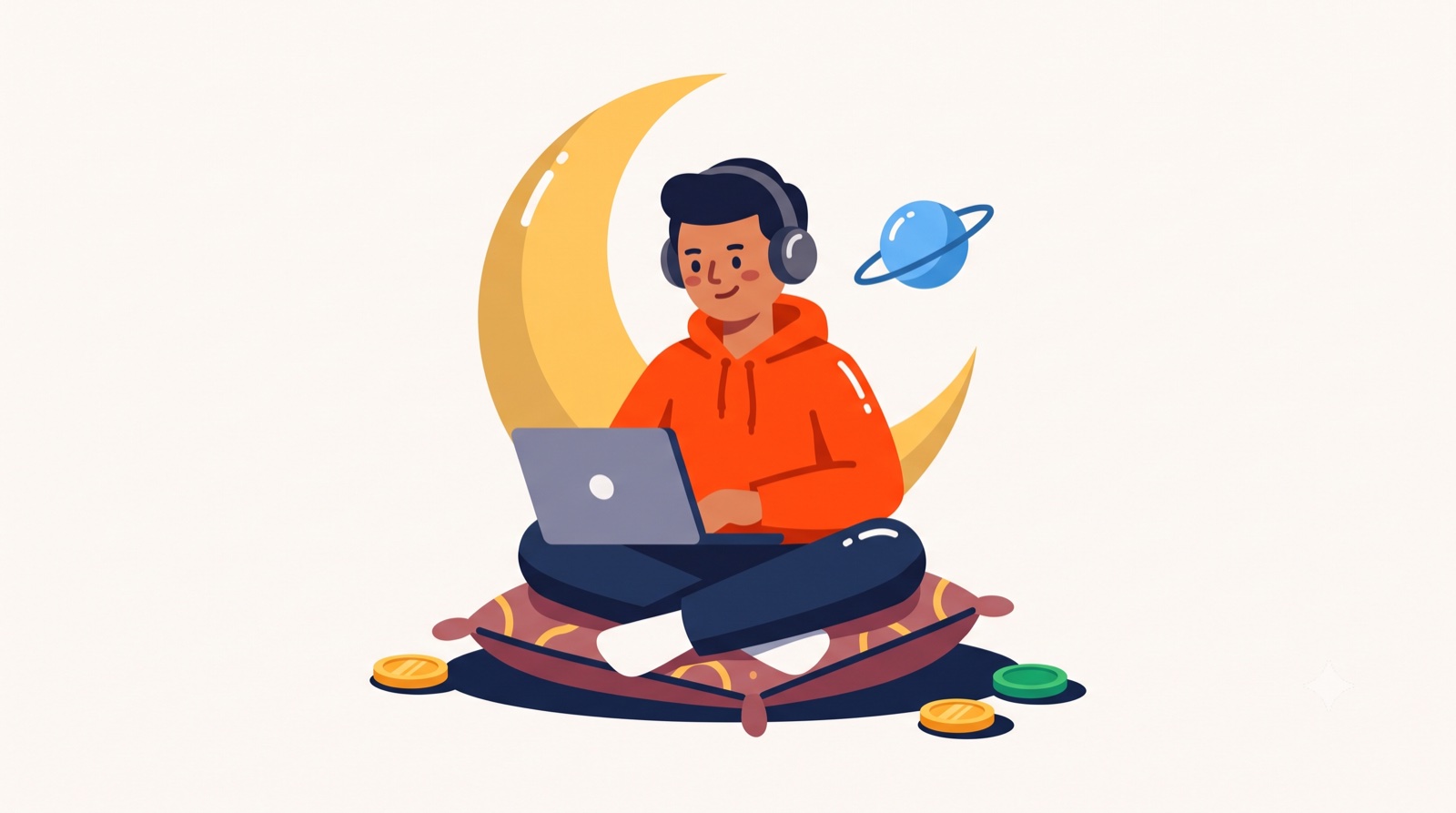 A freelance video editor working on a laptop at home under a crescent moon, representing freelance editing rates
