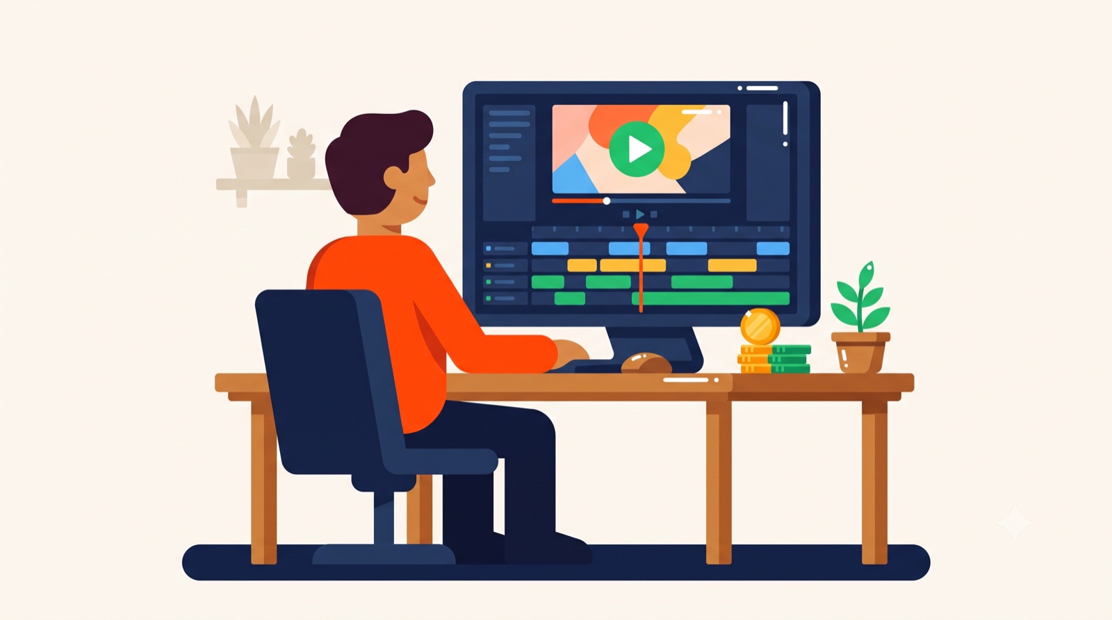 Flat illustration of a video editor at a desk working on a colorful editing timeline, with a stack of coins beside the monitor