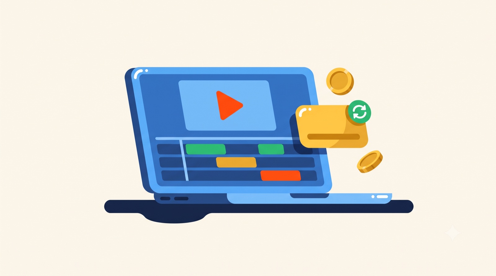 Flat illustration of a laptop showing a video editing timeline with coins and a subscription badge, representing editing software cost