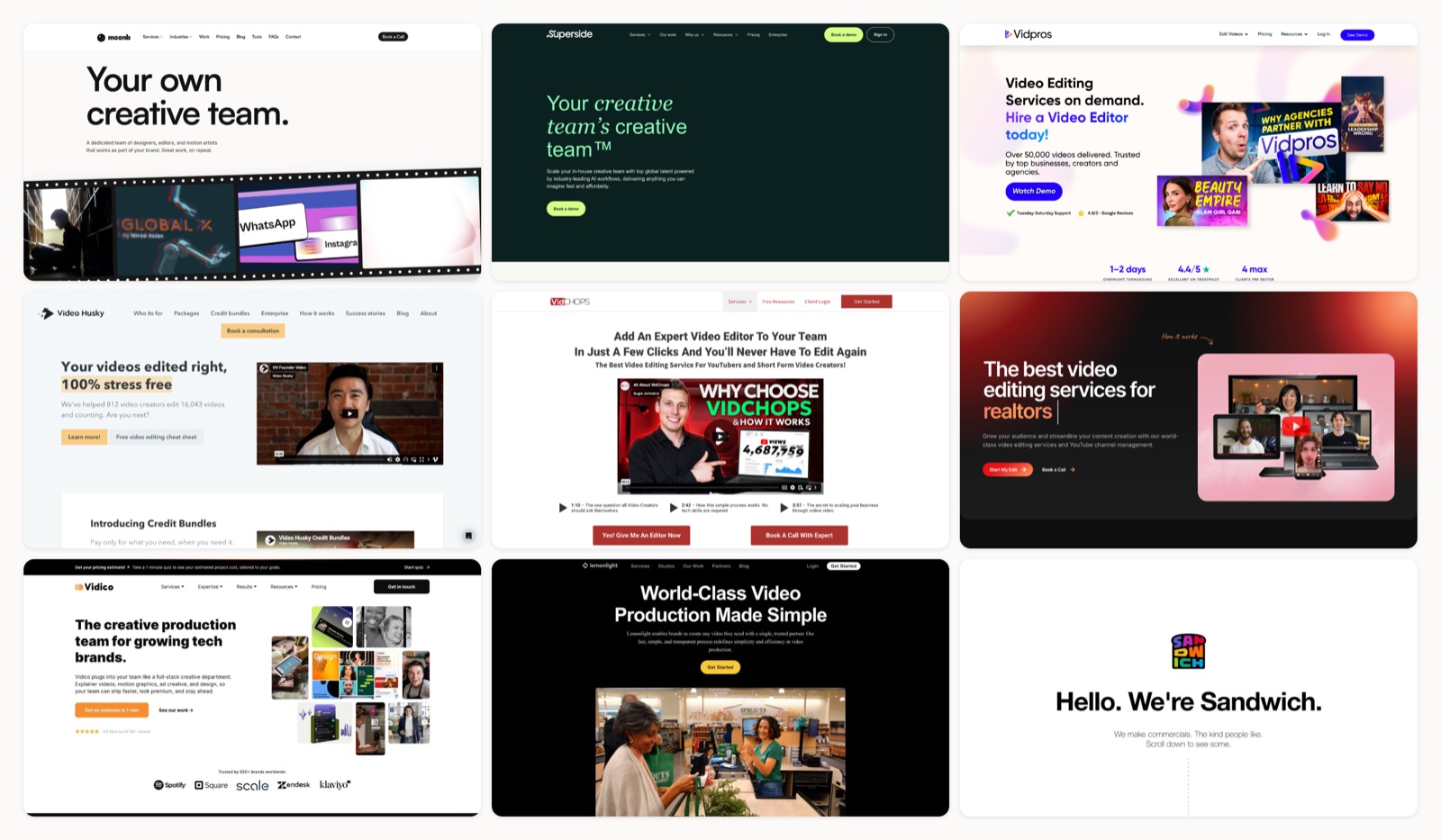A grid of video editing services homepages