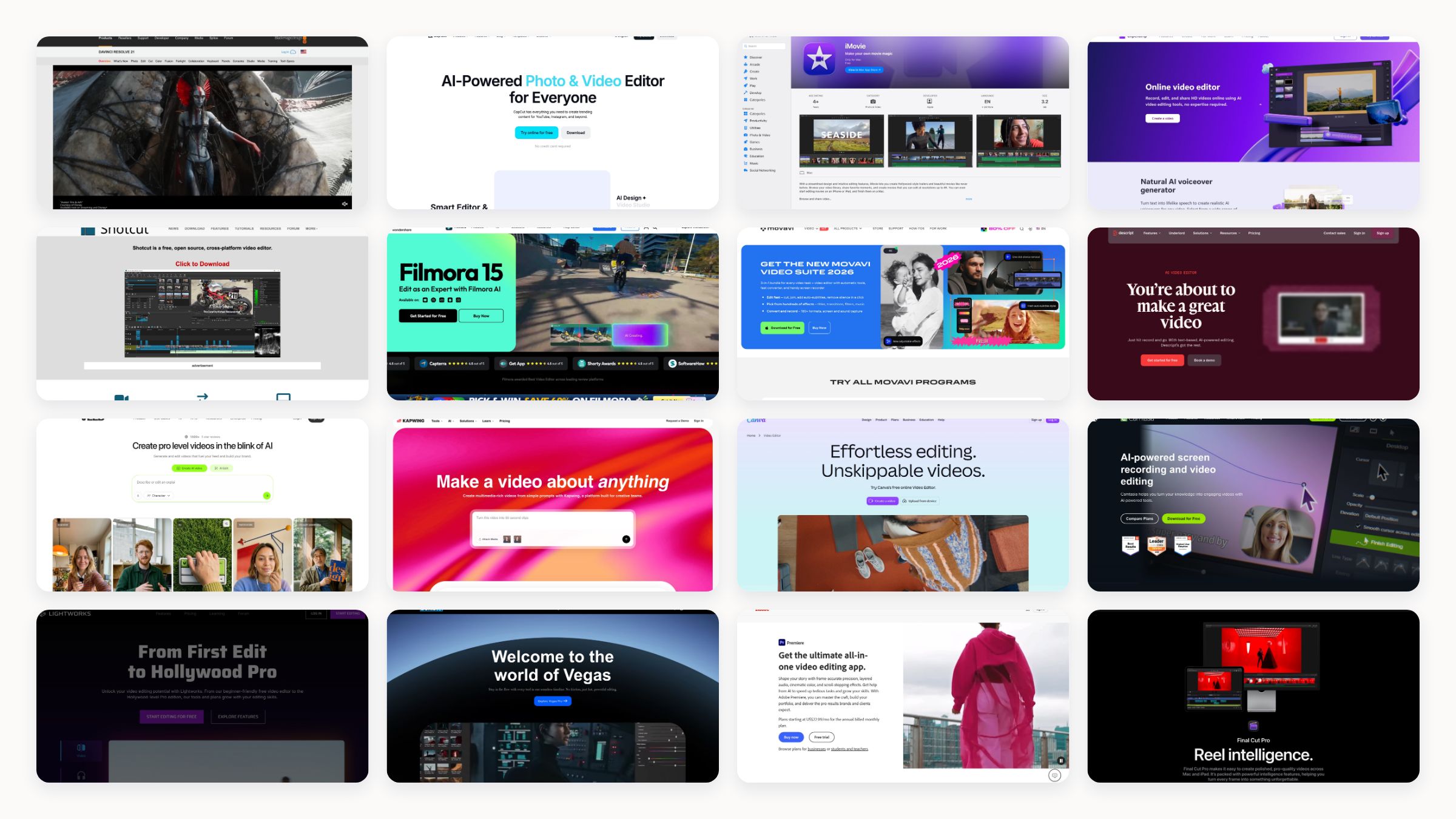 Collage of sixteen leading video editing software homepages