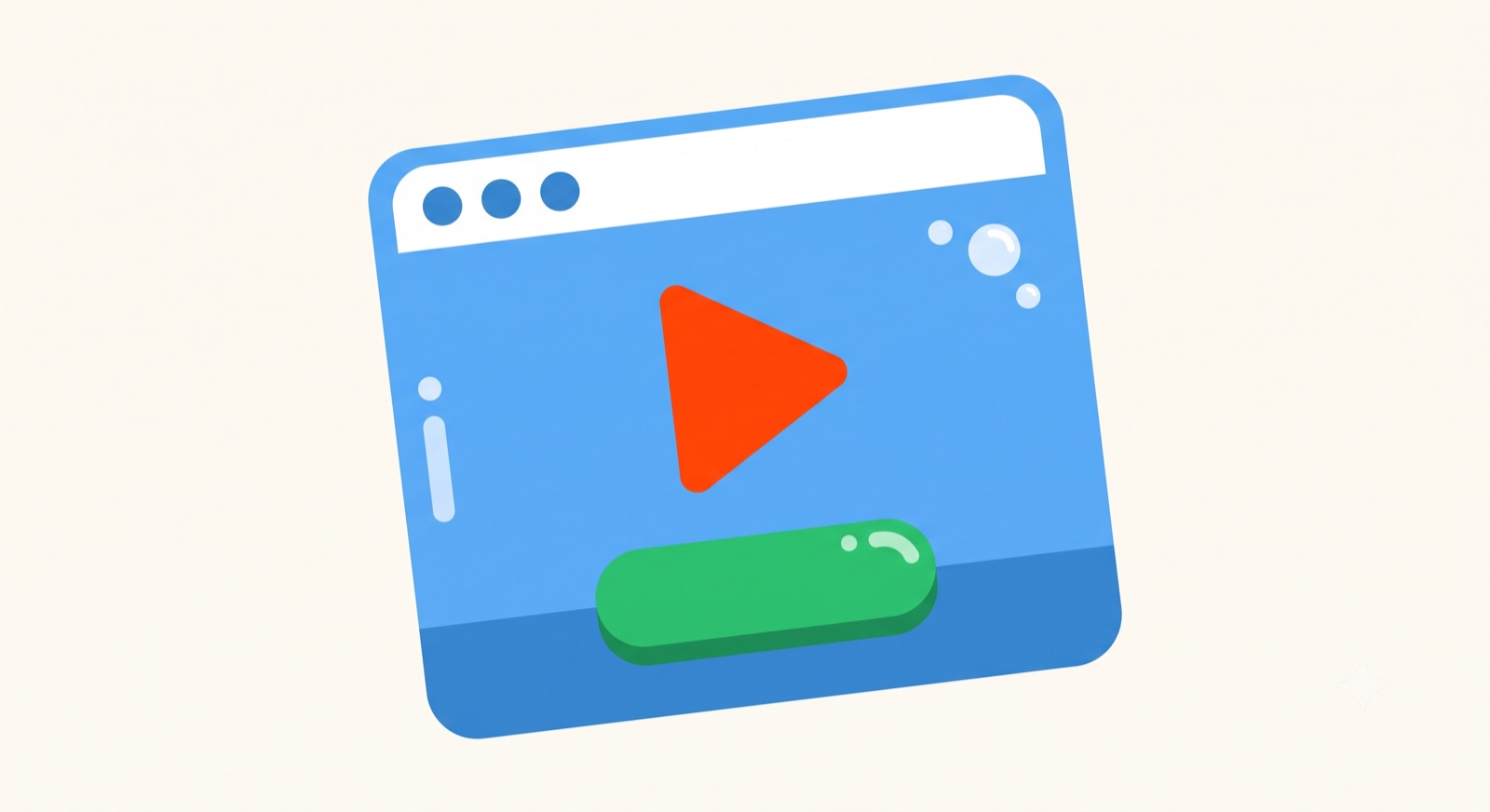Flat illustration of a browser window with a play button and a CTA