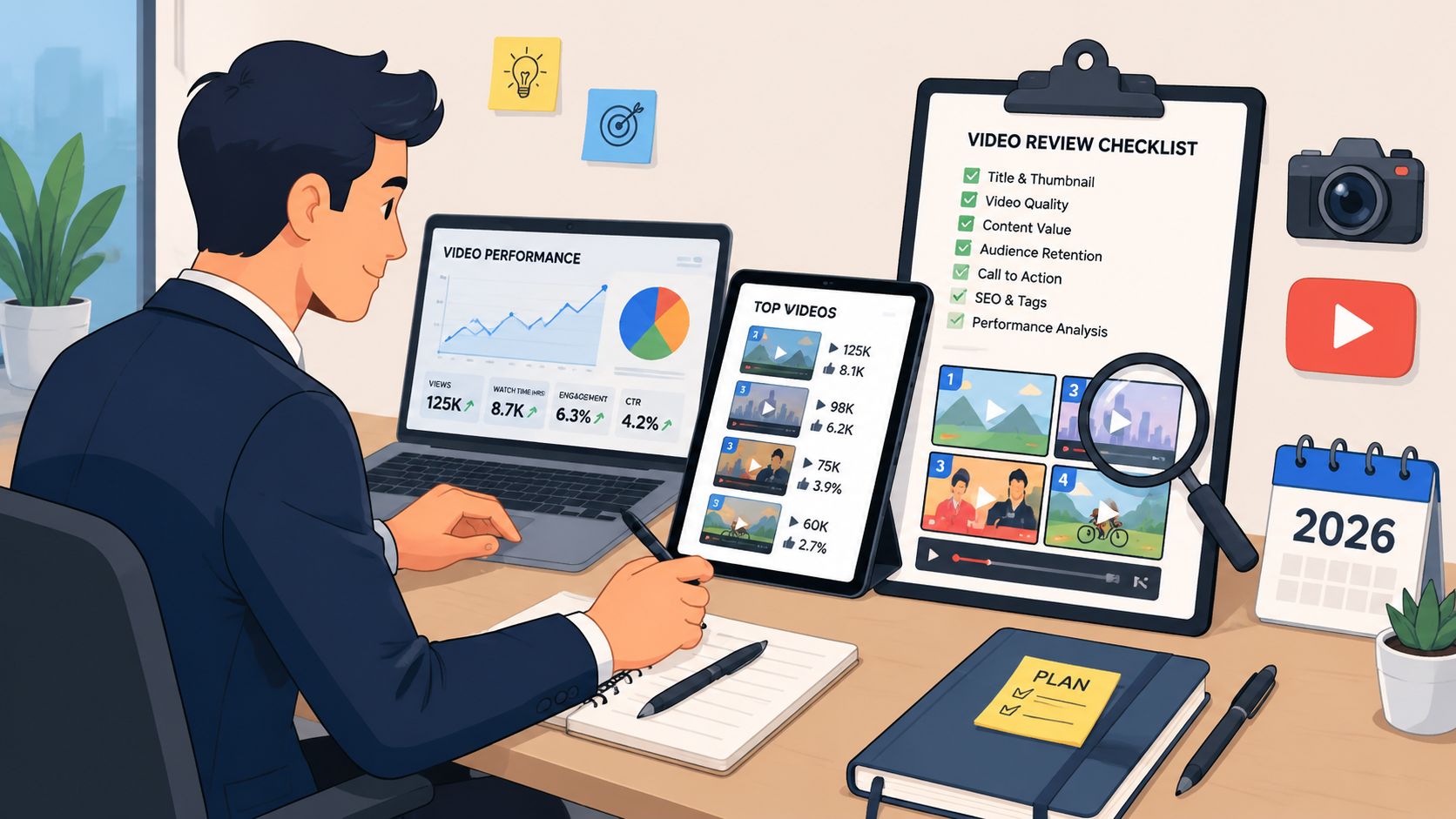 Illustration of a marketing lead comparing four video partner models on a scorecard