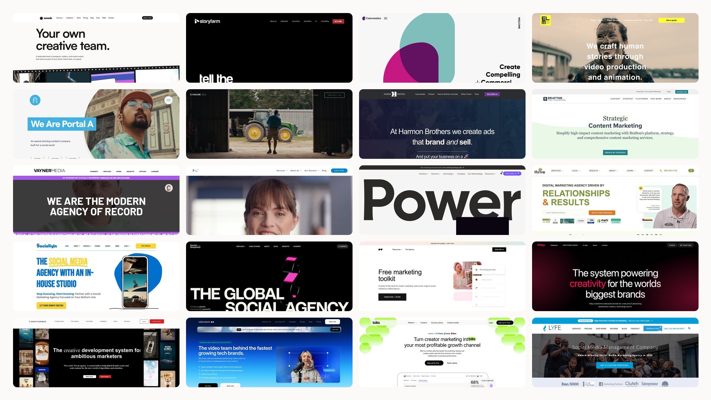 Grid of twenty homepage screenshots from the video marketing companies and brand video agencies compared in this guide