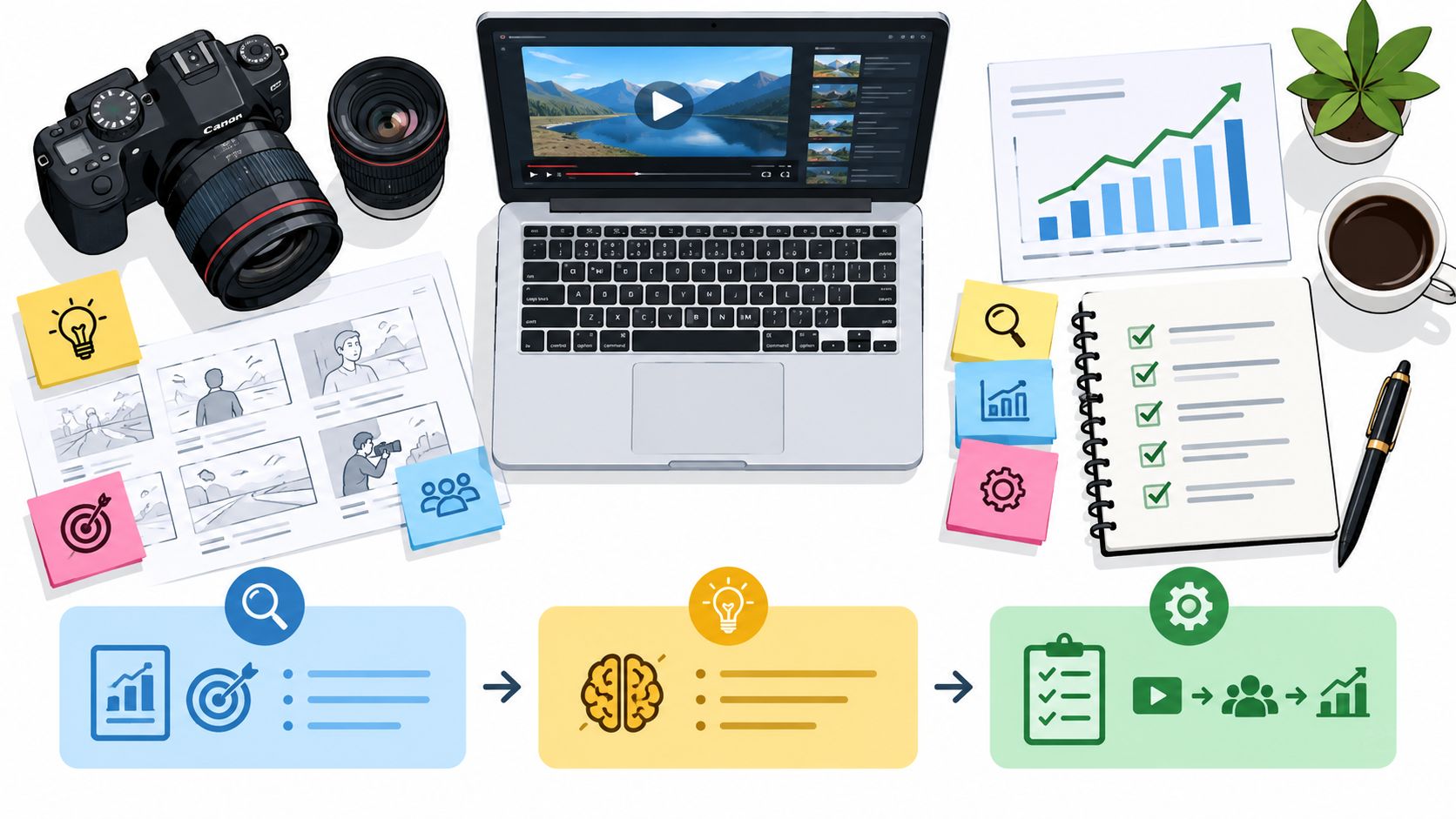 Illustrated desk with a camera, a laptop playing a video, storyboards and a growth chart