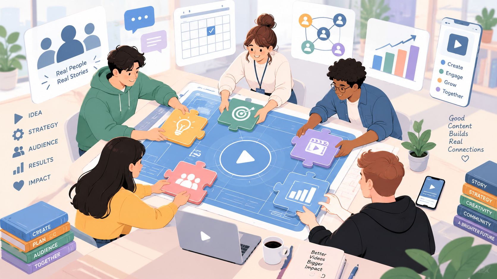A marketing team reviewing a video plan across funnel stages
