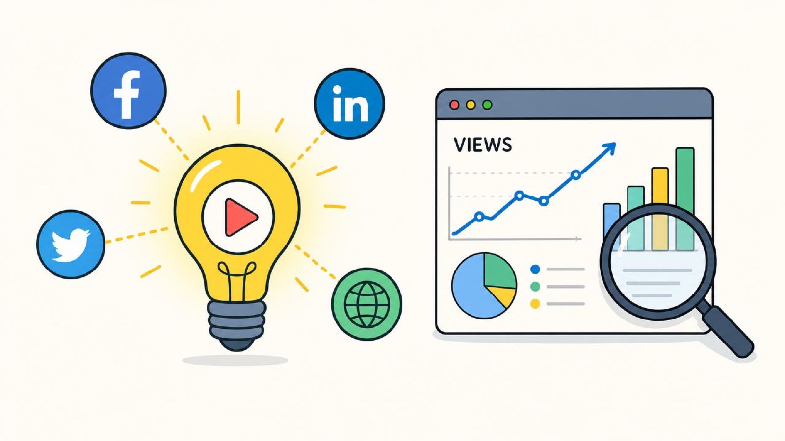 A conceptual illustration showing a light bulb with a play button icon connected to social media symbols.