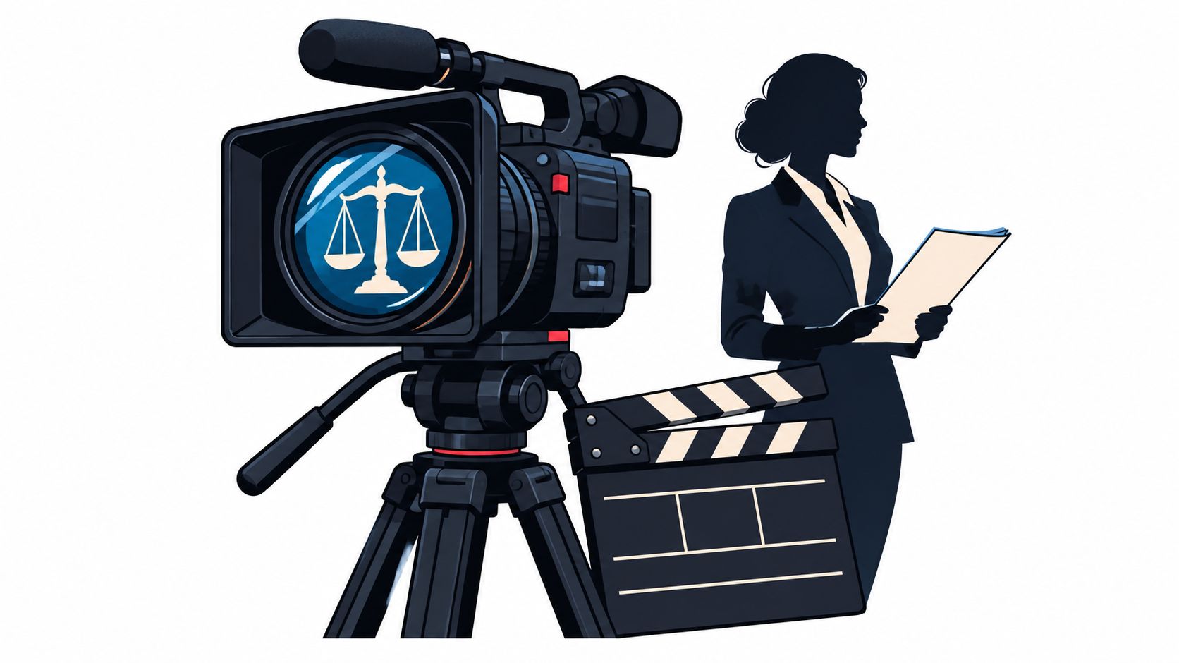 Illustration of a video camera with scales of justice in the lens next to a lawyer holding a script