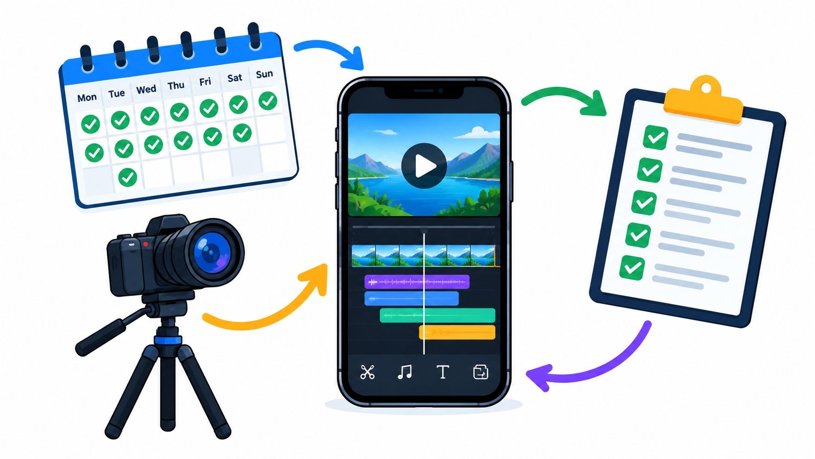 Flat illustration of a weekly calendar, a camera on a tripod, a phone showing an editing timeline and a checked-off clipboard, linked by arrows