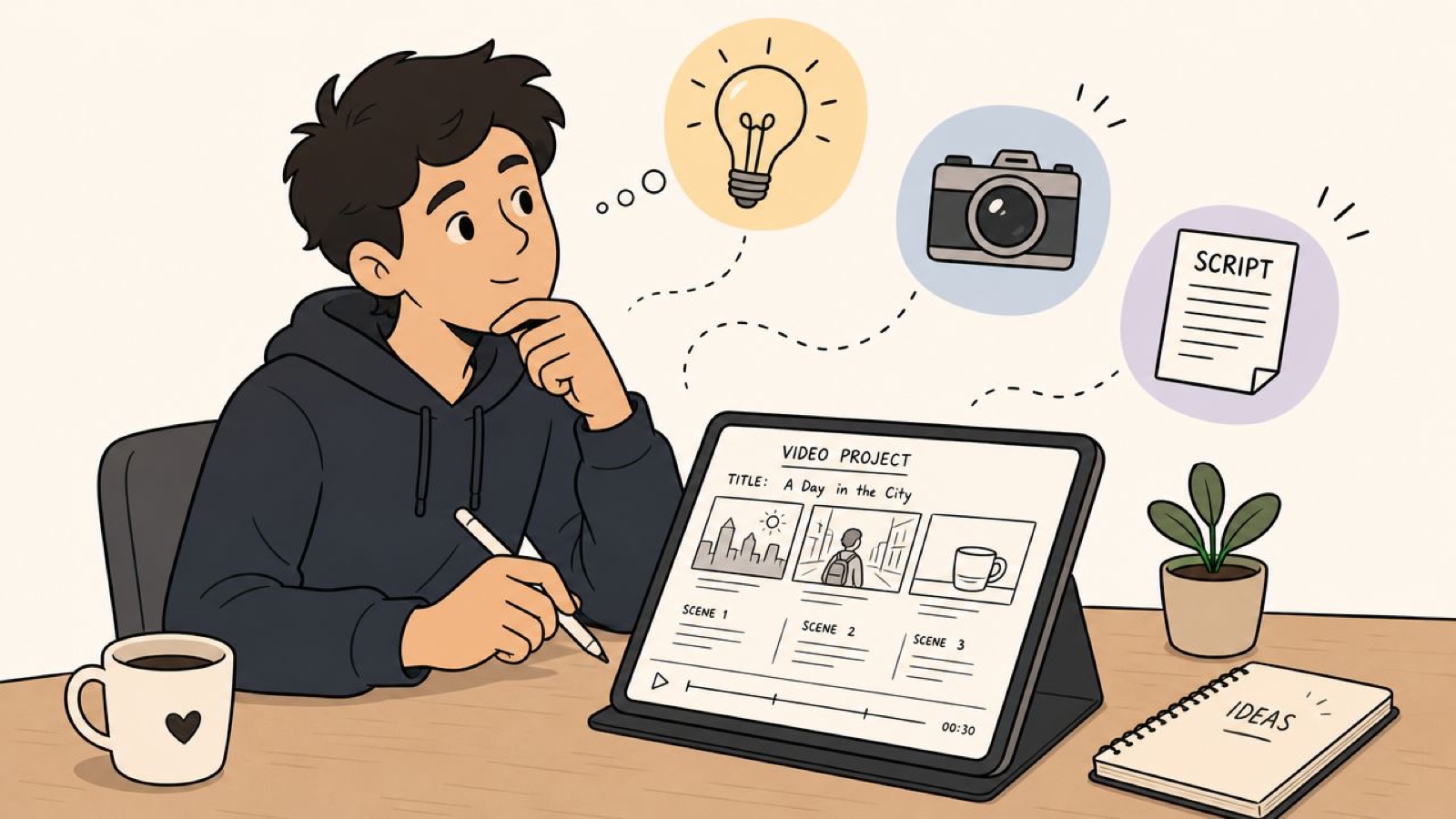 A creative person planning a video project on a tablet with icons for ideas, filming, and scripts.