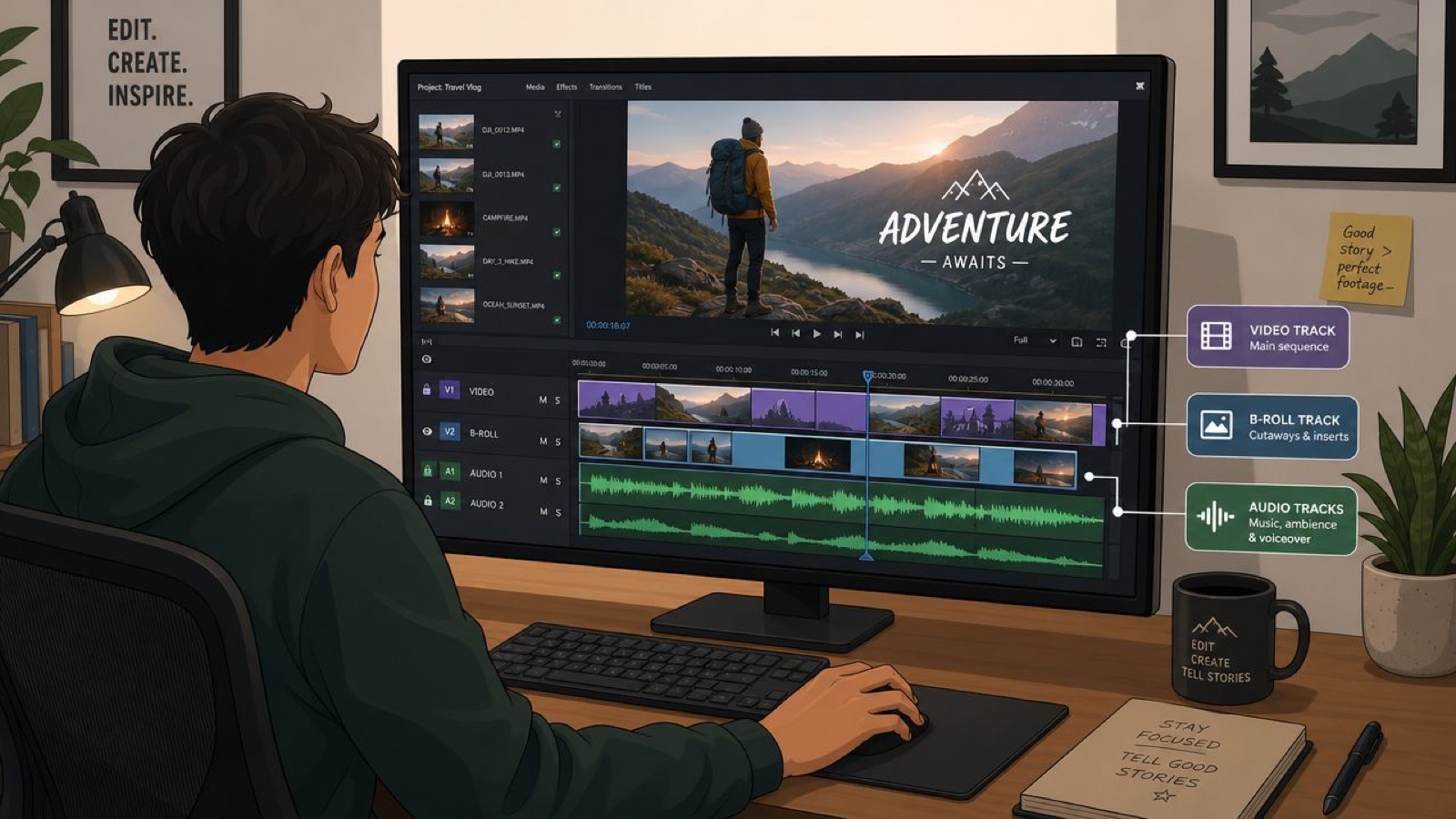 A digital artist working on a travel vlog video edit on a large computer monitor in a studio.