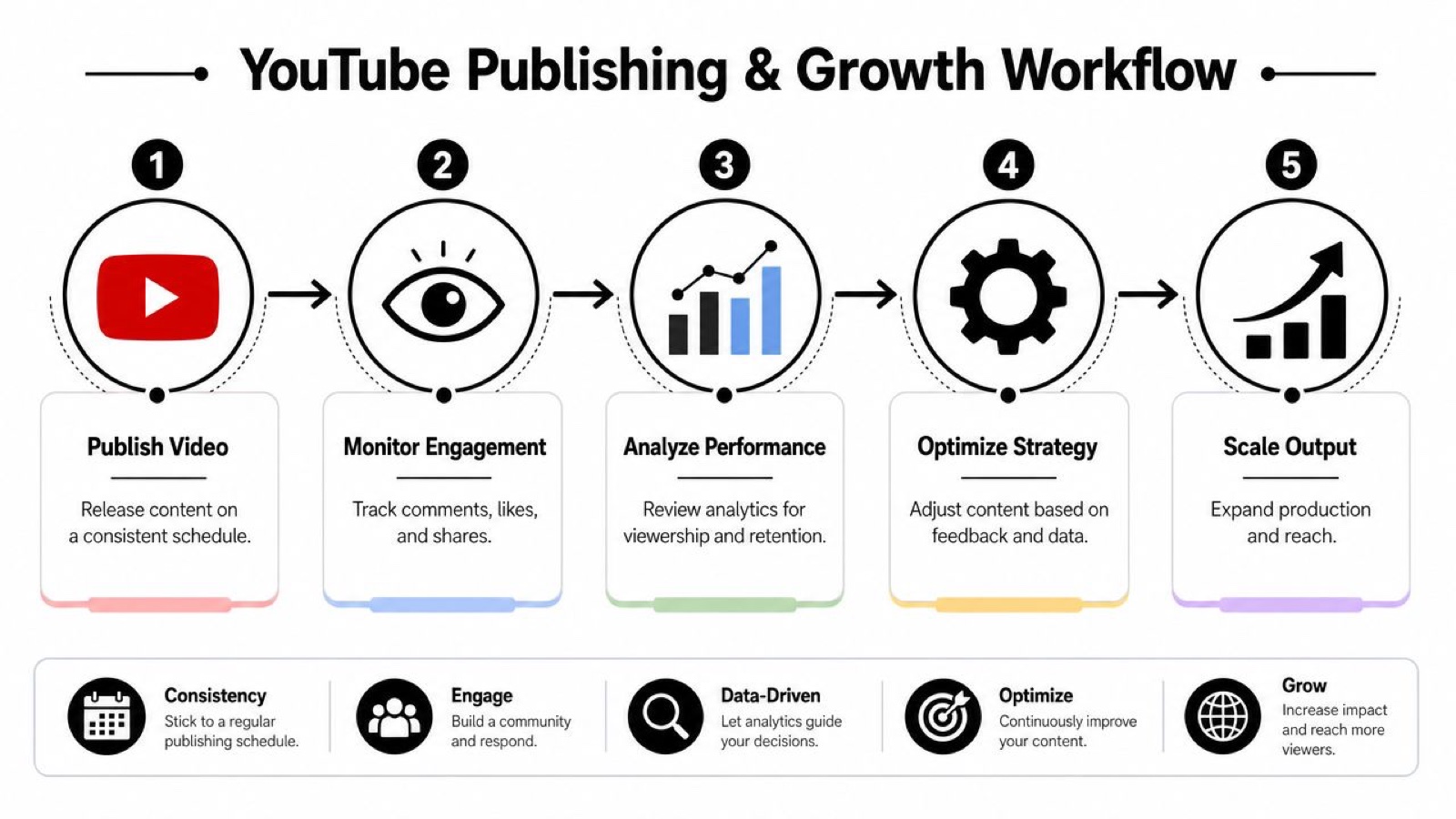 A five-step flowchart illustrating a YouTube publishing and growth workflow, from video production to scaling output.