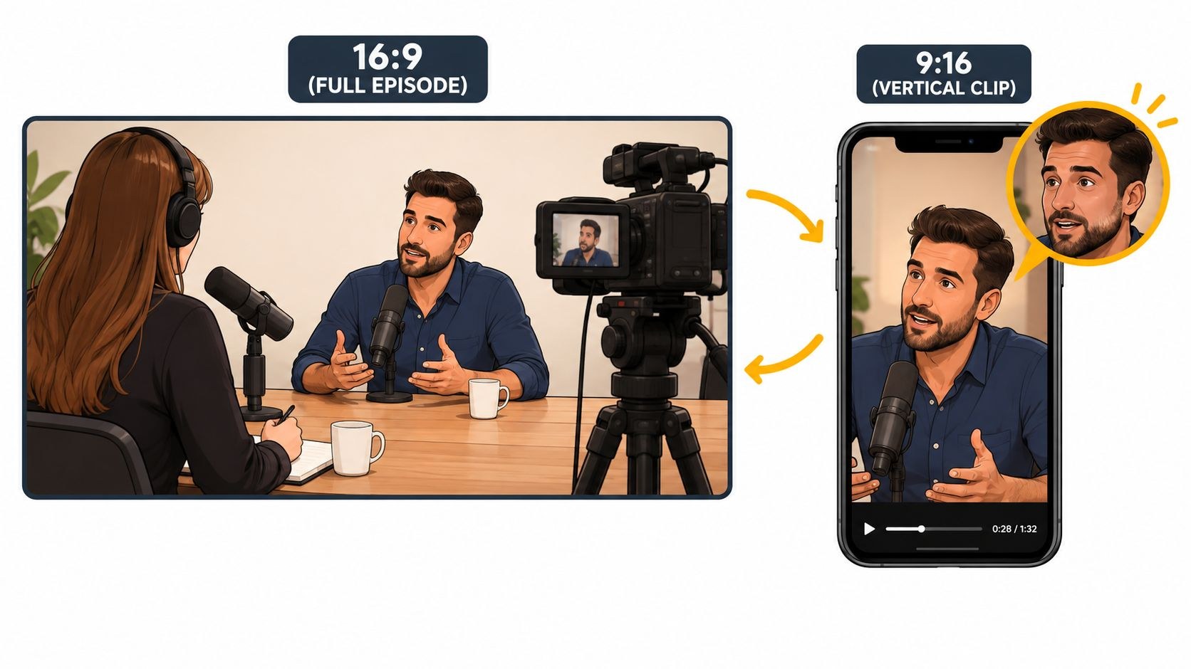 A 16:9 podcast studio shot of two people talking next to the same scene reframed as a 9:16 vertical clip on a phone