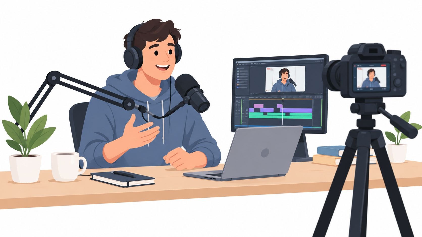 Flat illustration of a podcast host in headphones talking into a boom-arm microphone while a camera on a tripod records him and an editing timeline shows on a monitor