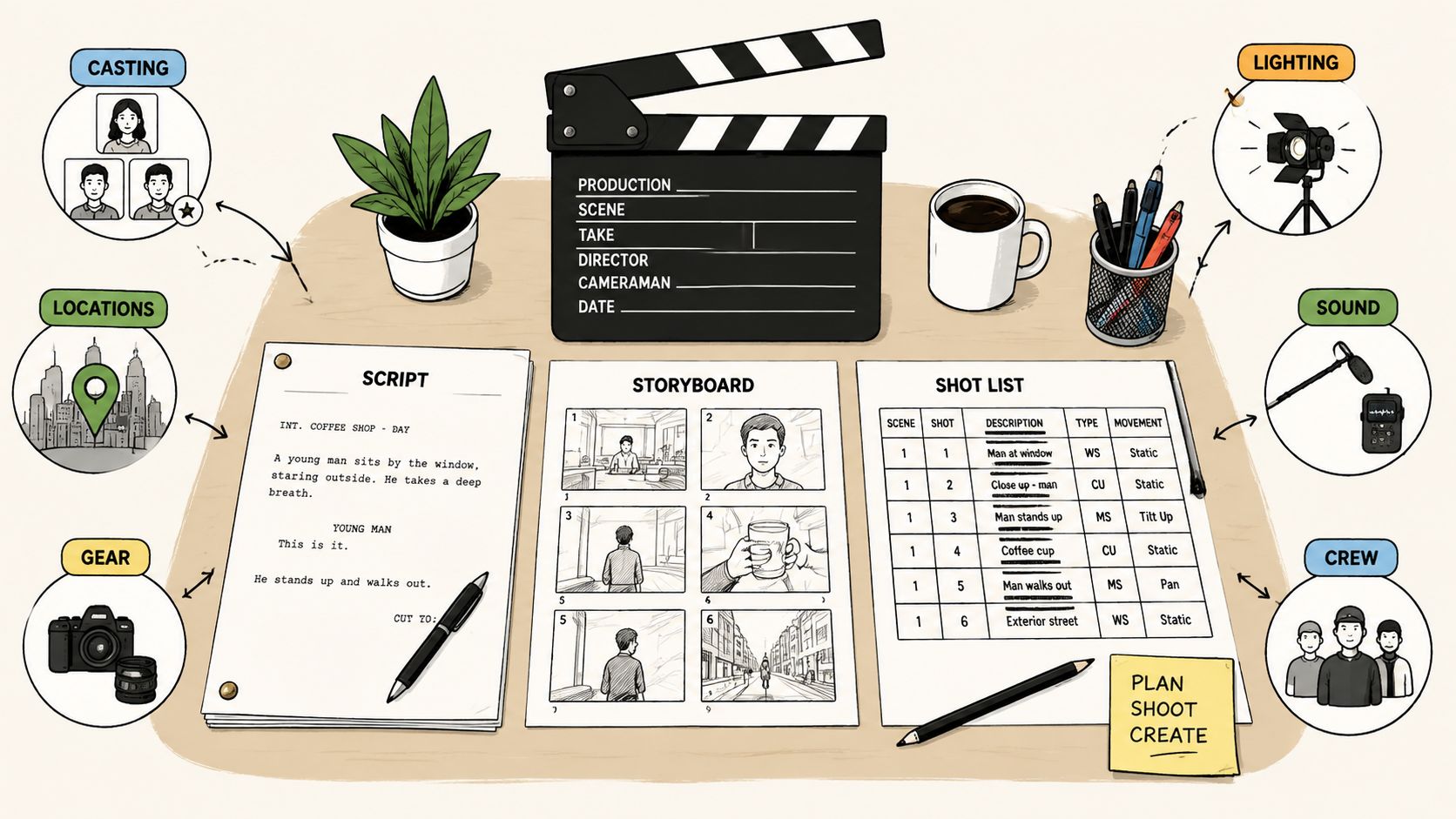 A flatlay view of film production planning tools including a script, storyboard, shot list, and equipment icons.