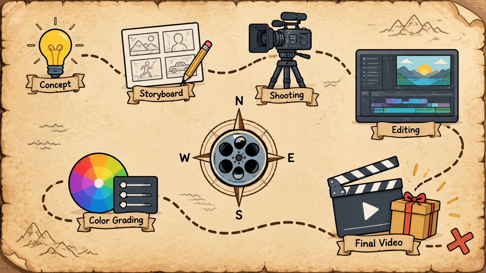 Illustration of video production planning materials including a script, storyboard, and camera
