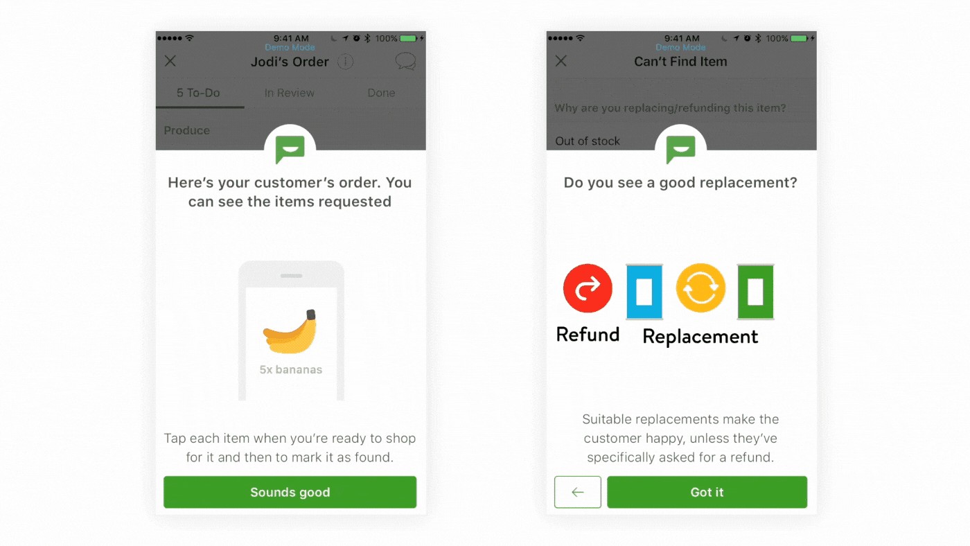 Two Instacart shopper app tutorial screens: one shows a phone with 5x bananas and tells shoppers to tap each item, the other asks Do you see a good replacement with Refund and Replacement icons
