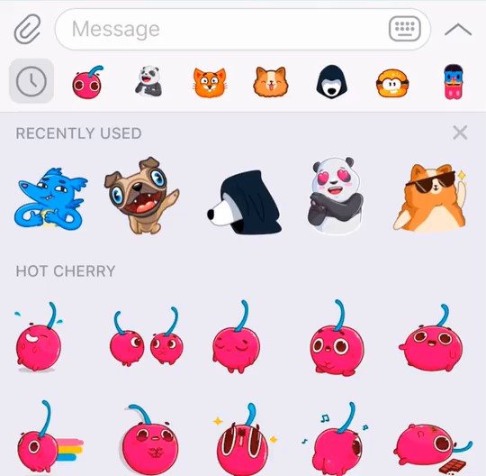 Telegram sticker panel under the message bar, with recently used stickers of a blue creature, a pug, a hooded figure, a panda and an orange animal in sunglasses, and a Hot Cherry set of pink cherry characters