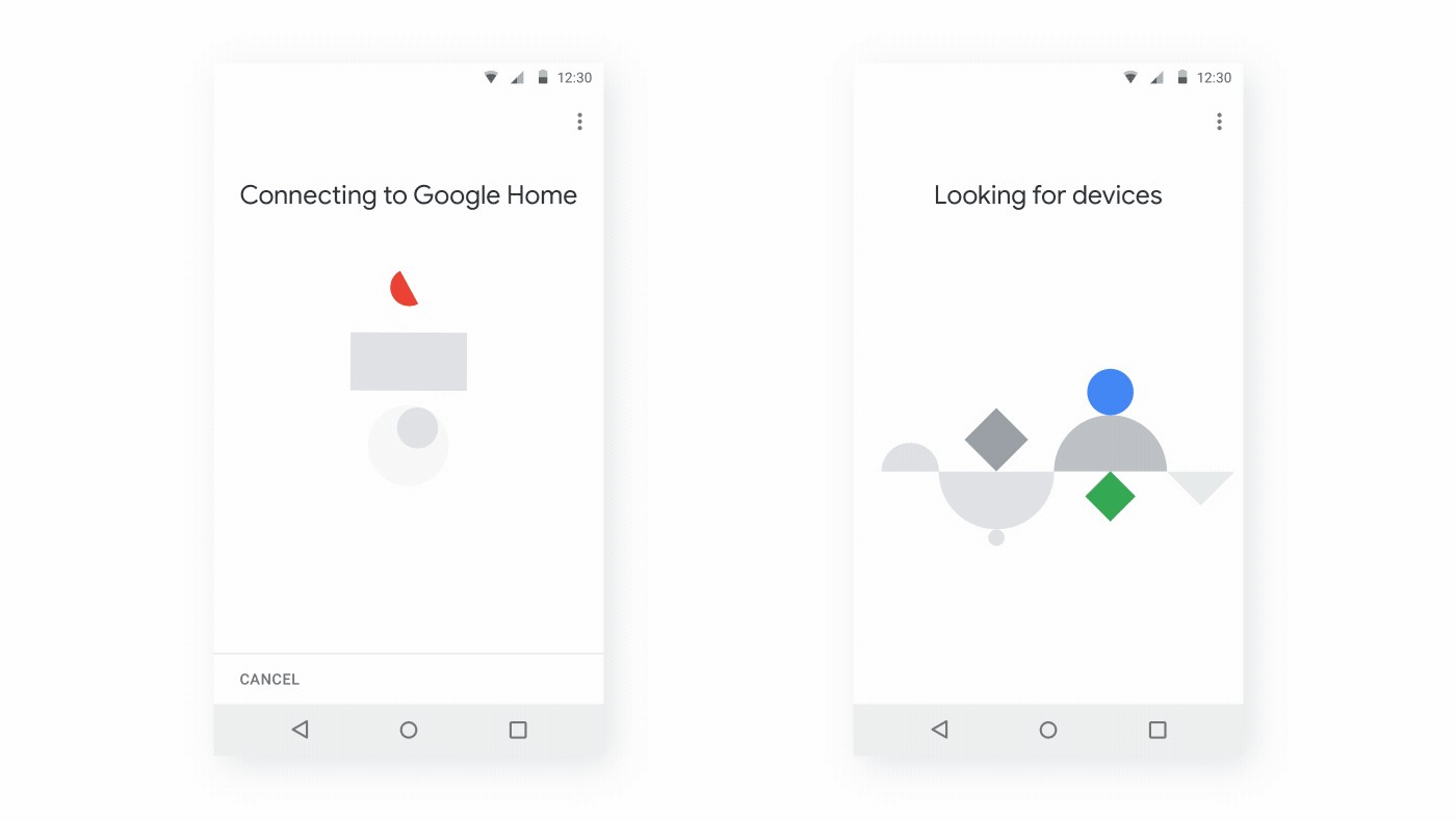 Two Google Home app screens, Connecting to Google Home and Looking for devices, with simple geometric shapes in gray, red, blue and green caught mid-animation