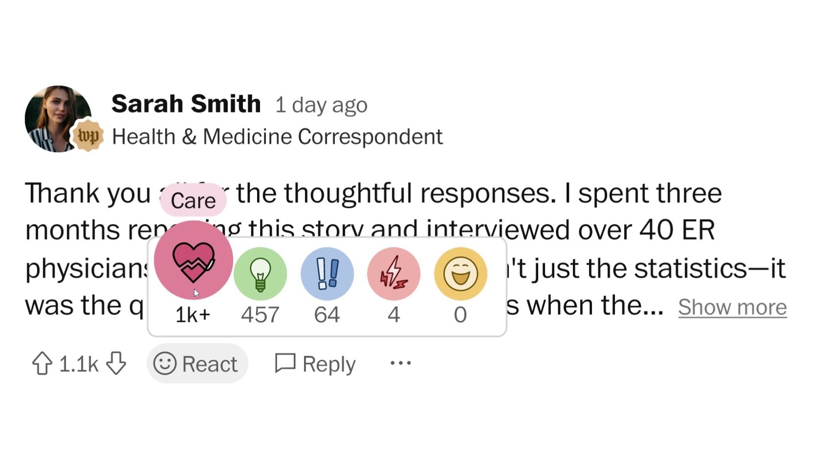 A comment under a Washington Post story with a row of five round reaction emojis, the pink heart labeled Care enlarged under the cursor, with counts below each