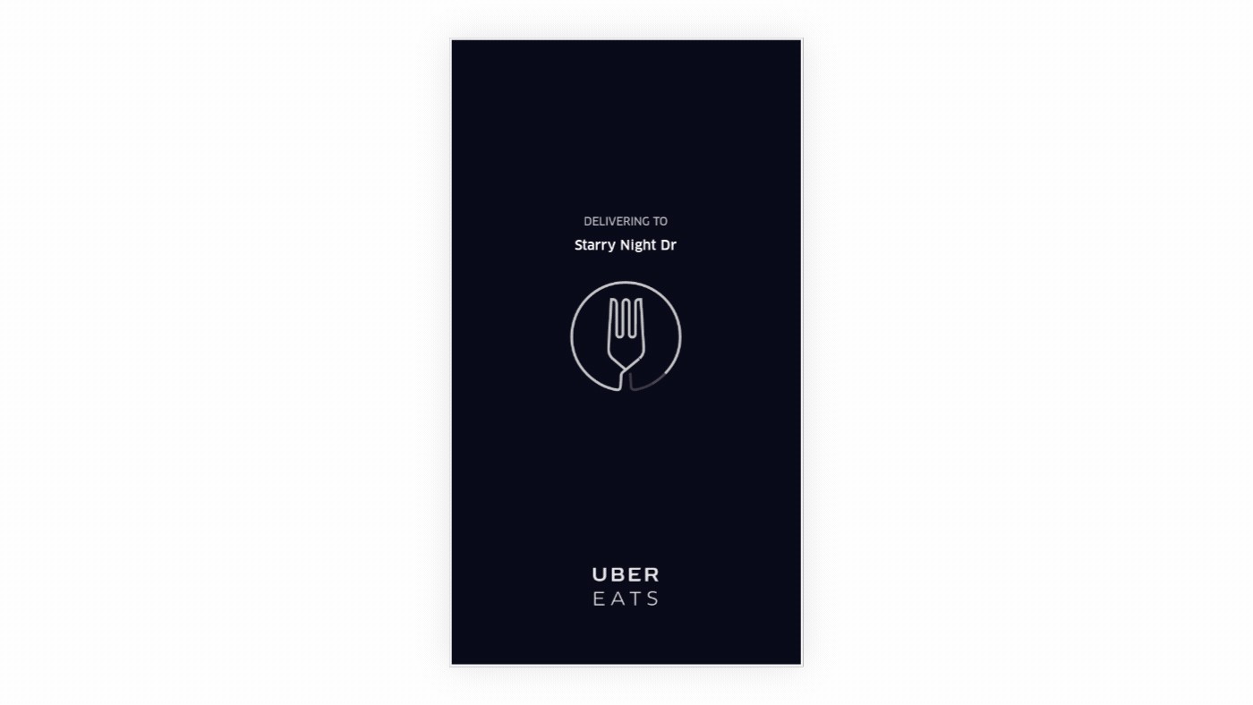 Uber Eats launch screen on a dark navy background, reading Delivering to Starry Night Dr above a white outline of a fork inside a circle, with the Uber Eats wordmark below