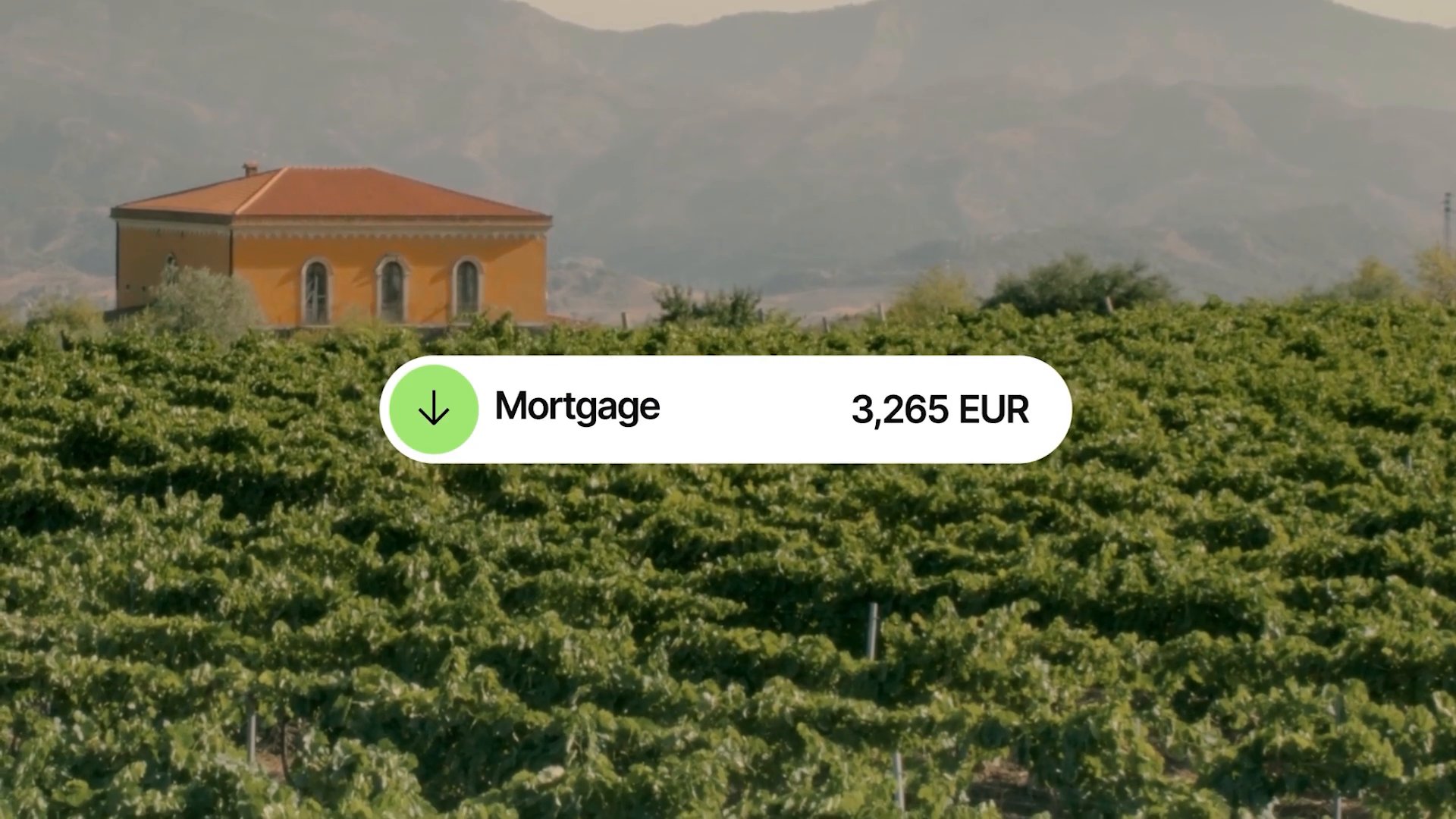 A white rounded Wise interface card reading Mortgage 3,265 EUR with a black down arrow in a green circle, floating over footage of a vineyard and an orange farmhouse