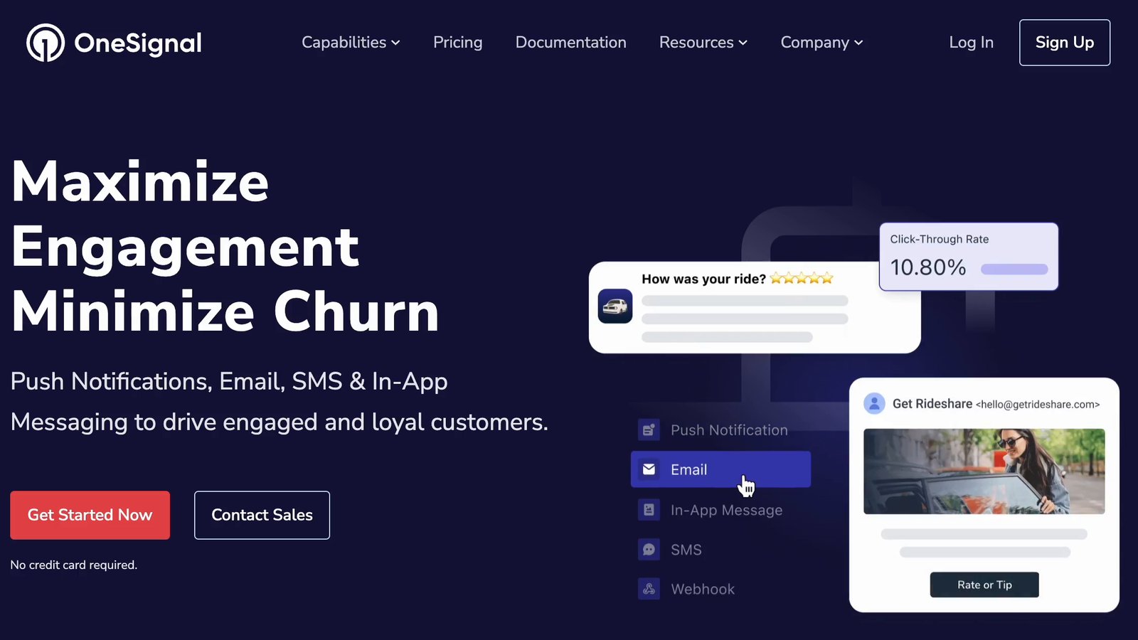 OneSignal homepage hero reading Maximize Engagement Minimize Churn, with animated cards for a ride rating notification, a 10.80 percent click-through rate, a channel list with Email selected and an email preview
