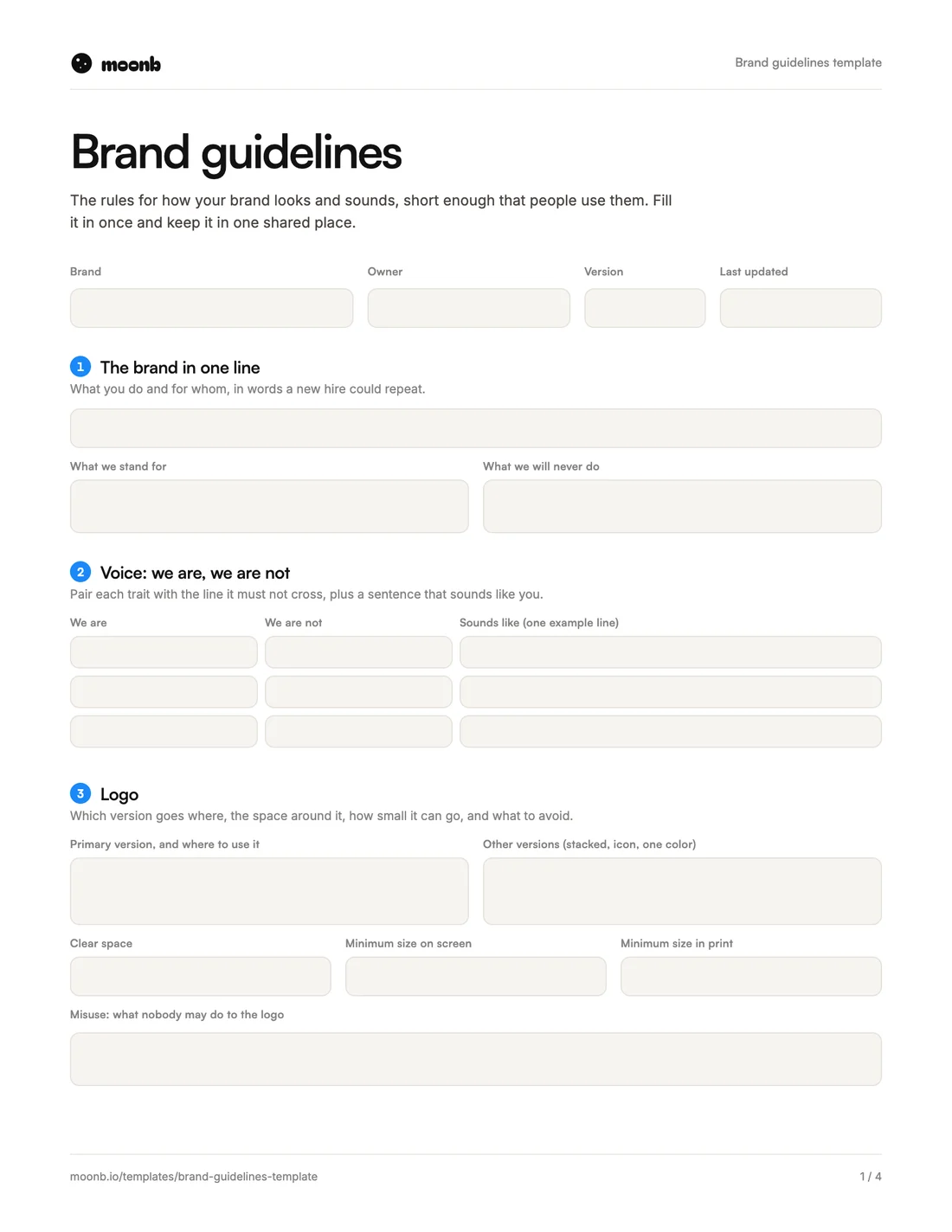 Page one of the Moonb brand guidelines template, with fields for the brand in one line, the voice and the logo rules