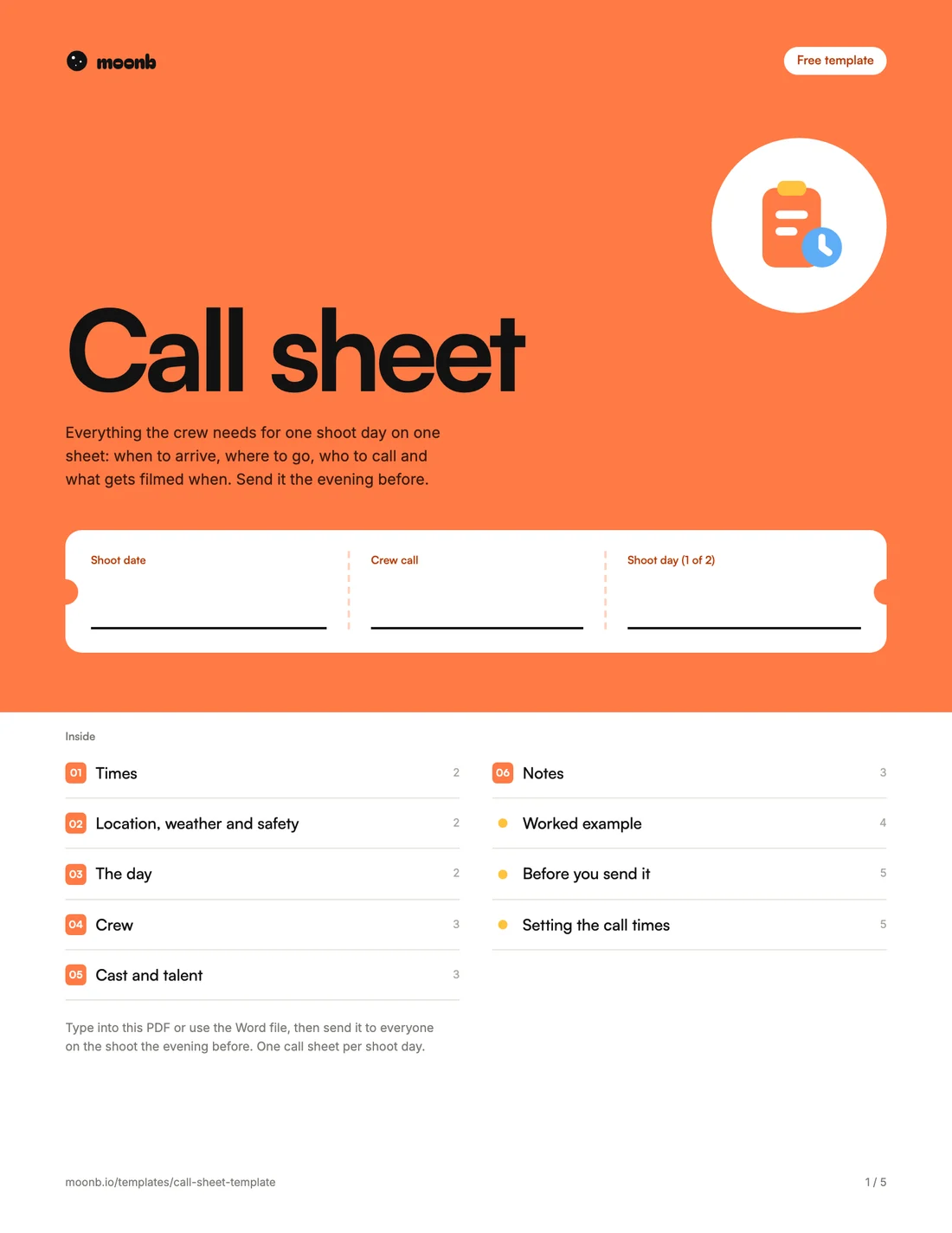 Page one of the Moonb call sheet template, with fields for the shoot date, crew call and shoot day