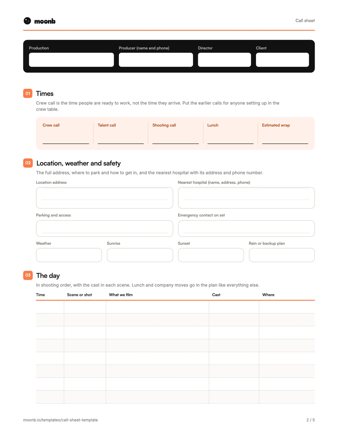 Call sheet template, page 2 of 5
