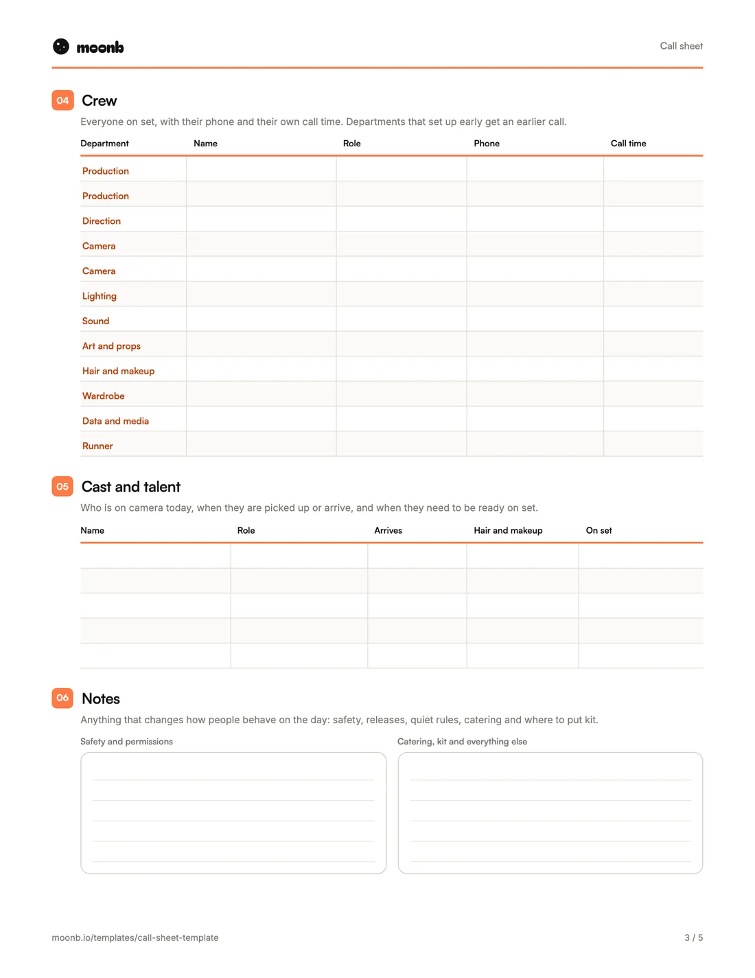 Call sheet template, page 3 of 5