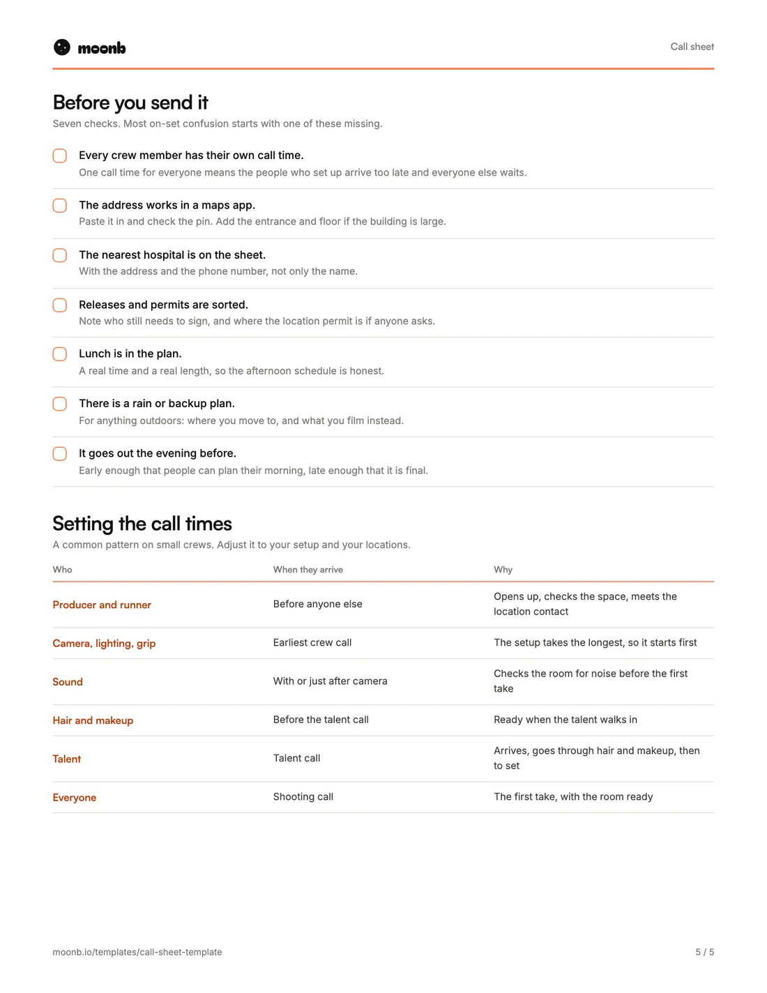 Call sheet template, page 5 of 5