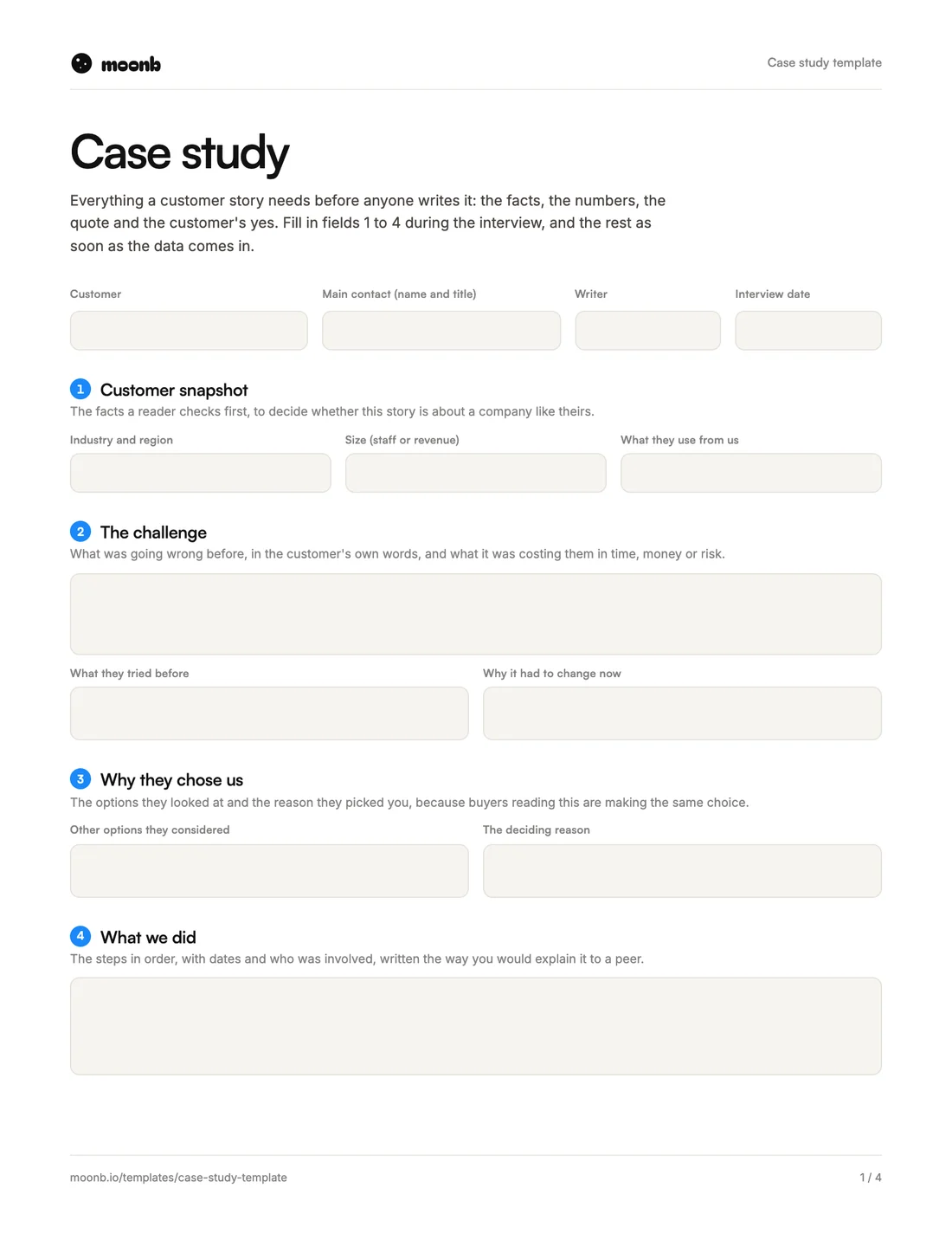 Page one of the Moonb case study template, with fields for the customer snapshot, the challenge, why they chose you and what you did