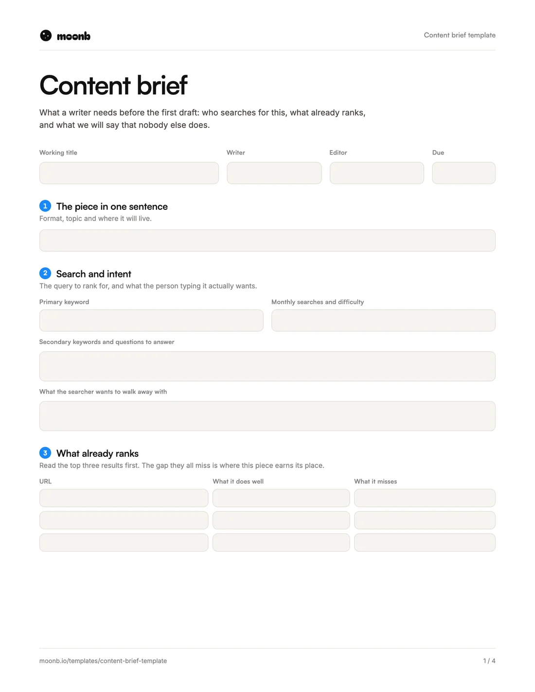 Page one of the Moonb content brief template, with fields for the piece, search and intent, what already ranks, and the reader and angle