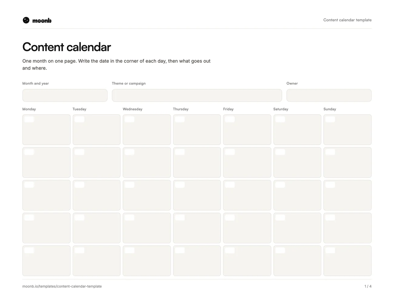 Page one of the Moonb content calendar template, a month grid with a box for every day
