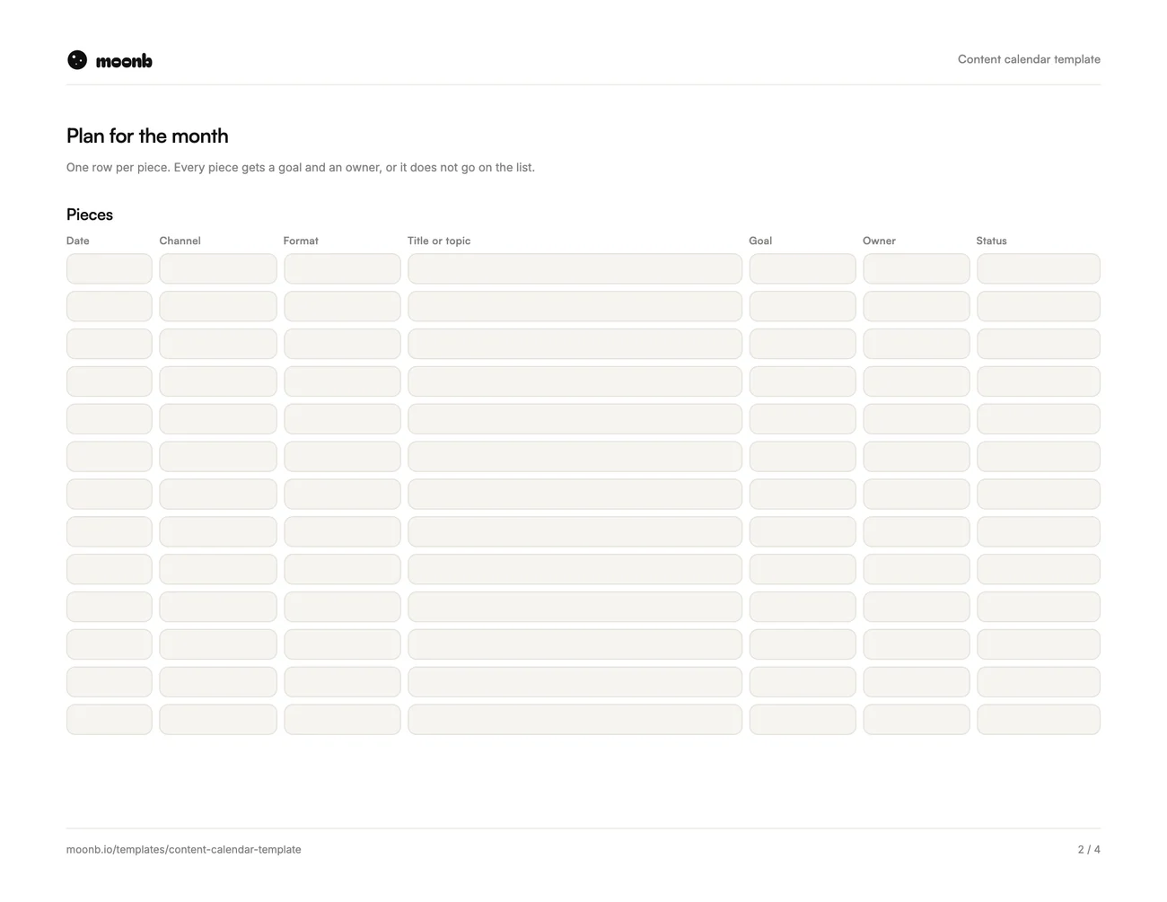 Content calendar template, page 2 of 4