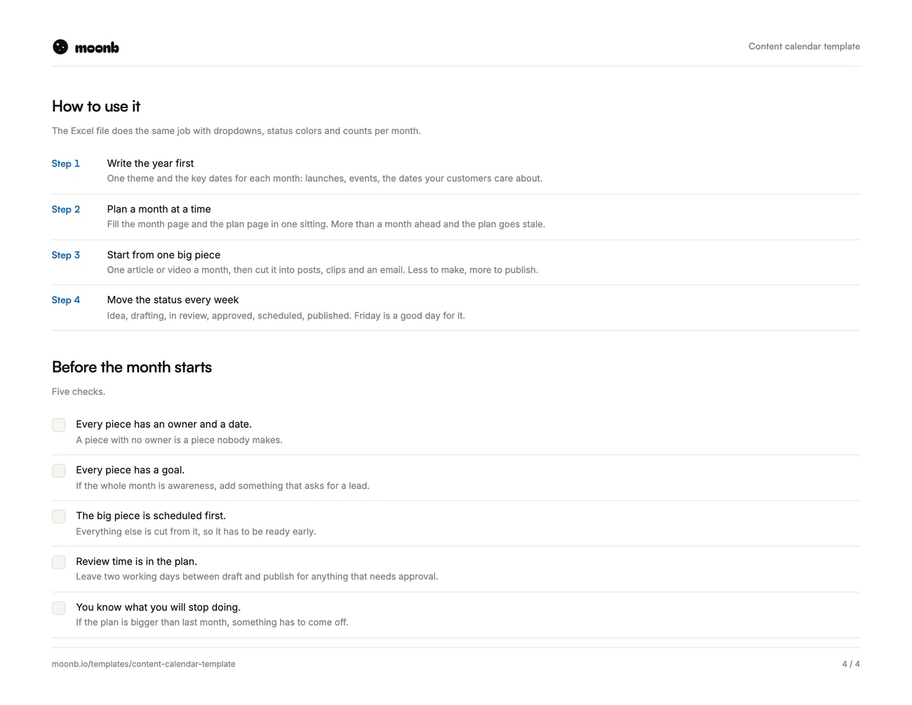 Content calendar template, page 4 of 4